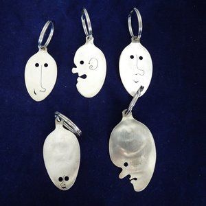 5 silver plate hand worked head character key rings spoon gift dealers stock